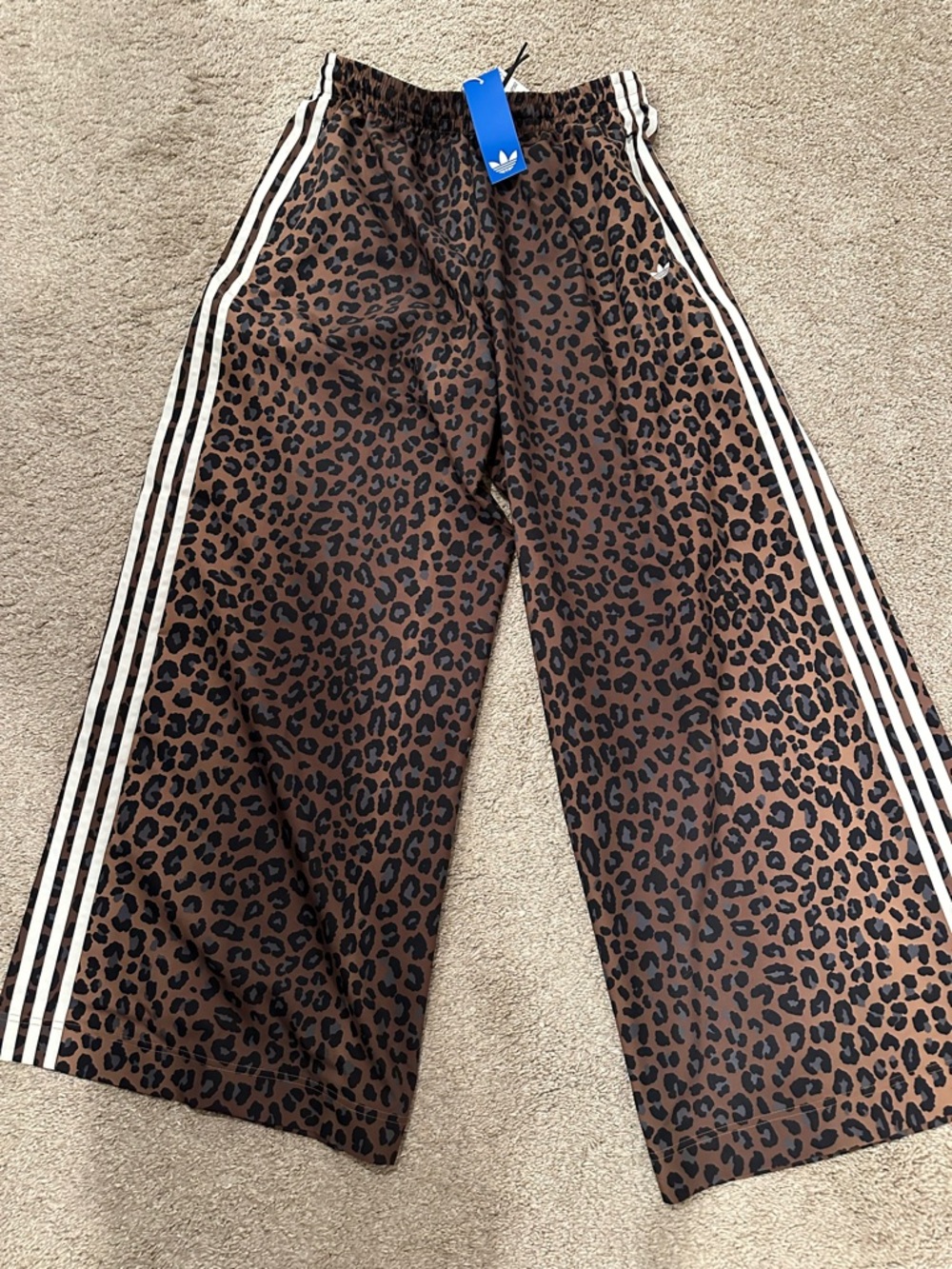 adidas small Brown Leopard Print Wide Leg Track Pants White Stripes athletic
